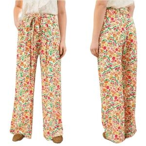 La Petite Etoile Linen Pants Floral Print Wide Leg Flowy Stretch Size 2 $88